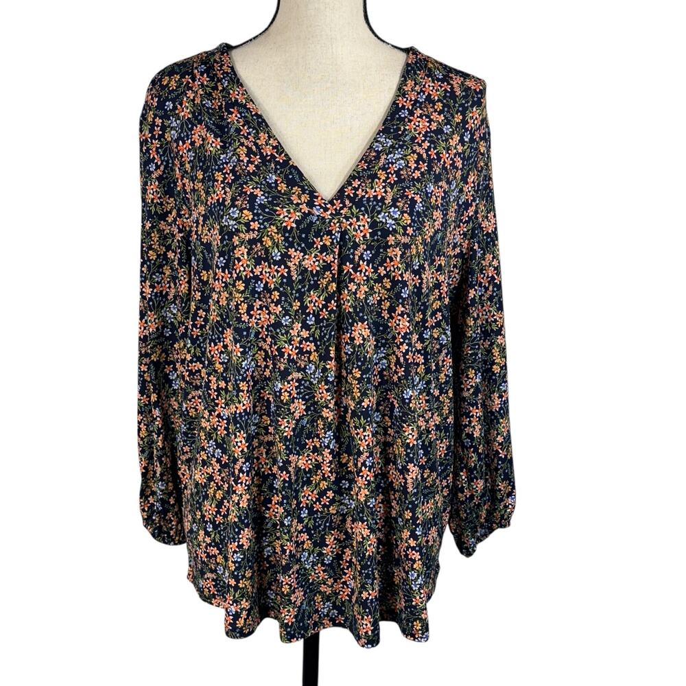 Vince Camuto X-Large Top Floral Stretch 3/4 Balloon Sleeves V-Neck Pleated Multi